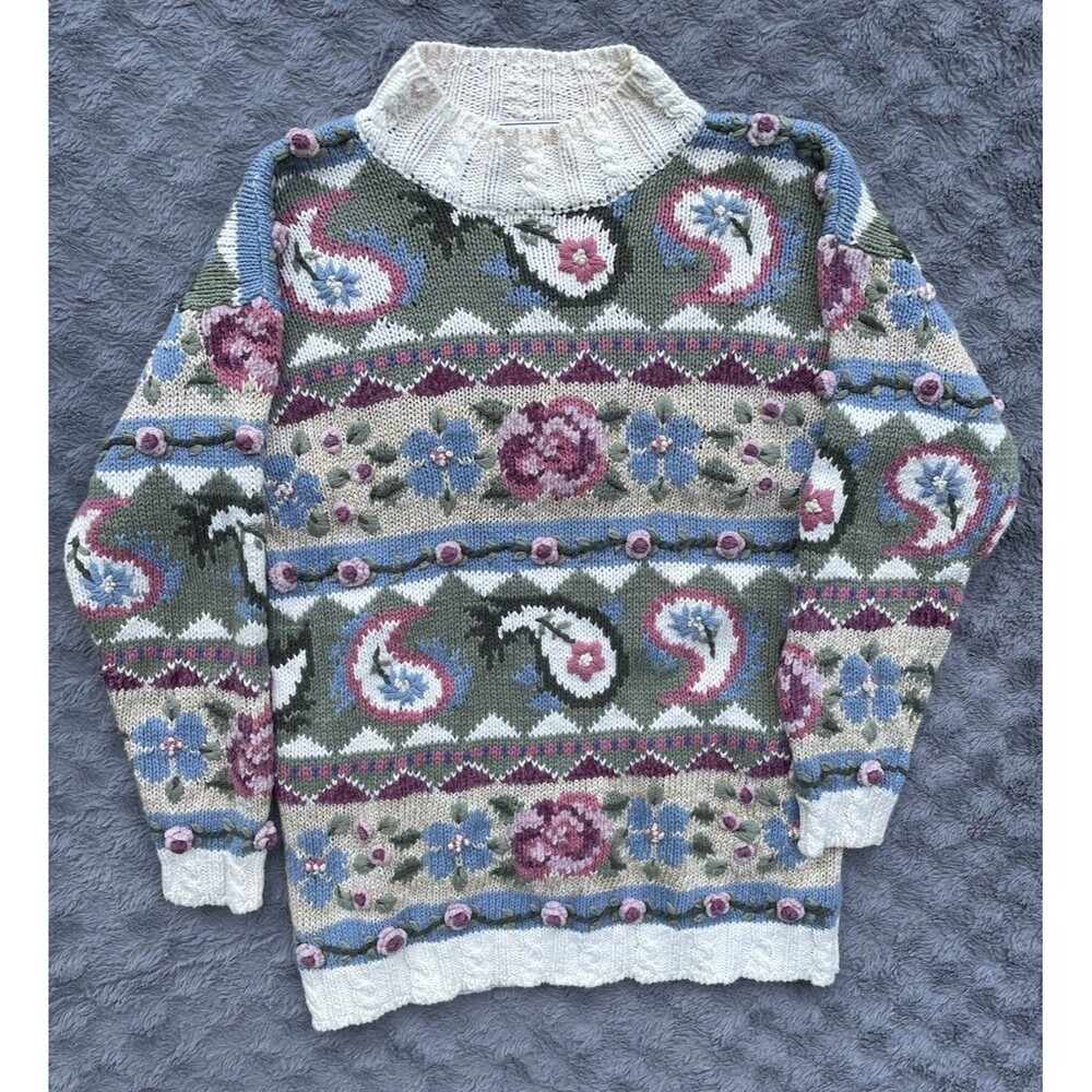 Vintage 90s Maggie Lawrence Womens Size S Chunky Handknit Floral Sweater